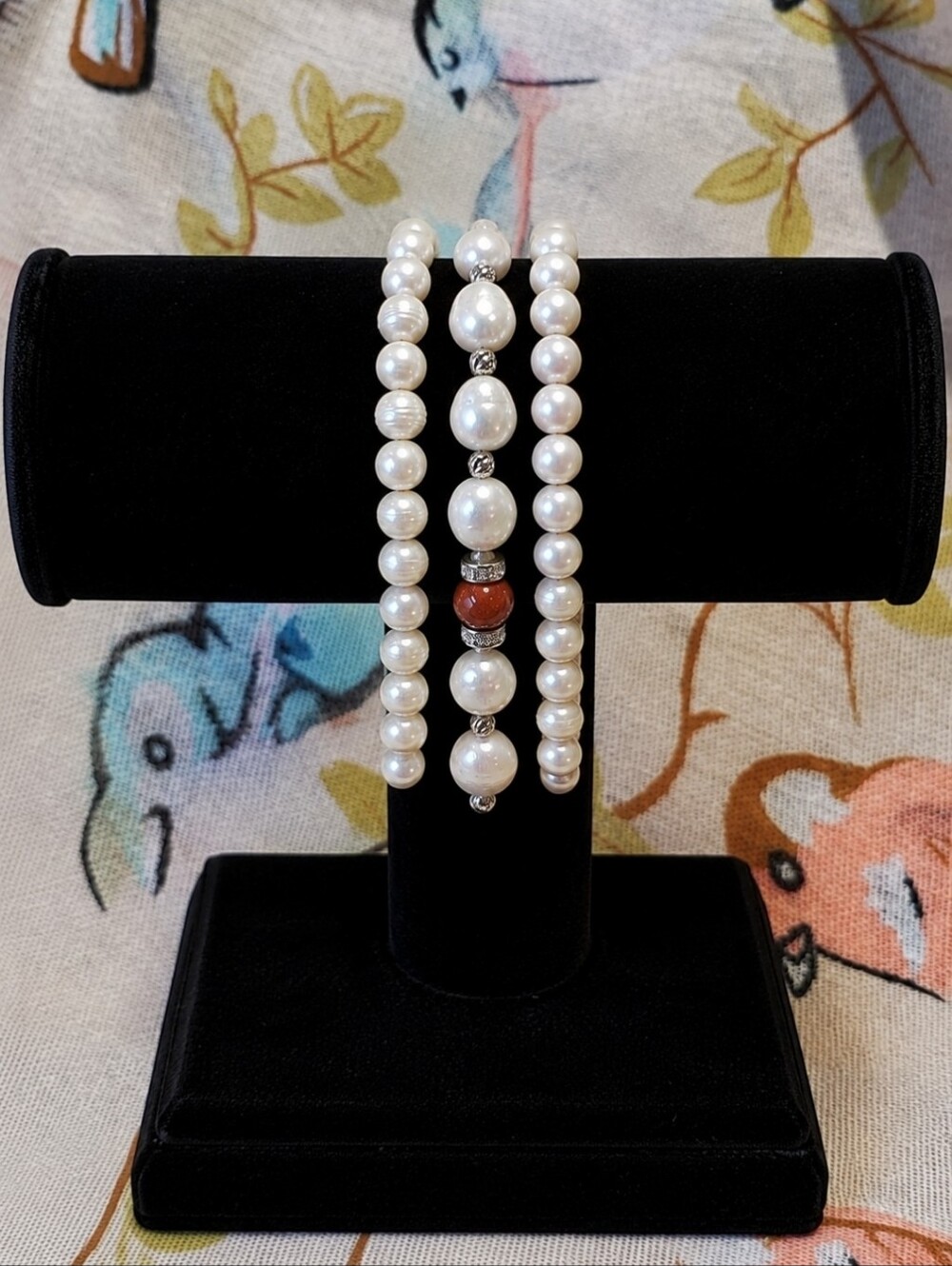 Set of 3 Pearl Stretch Bracelets Sunstone or Goldstone Bead Gritty Cold Vintage